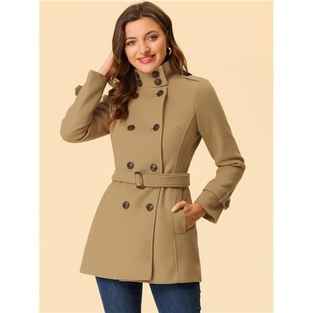 Women's Stand Collar Double Breasted Pockets Trendy Outwear Winter Coat - Picture 2 of 6